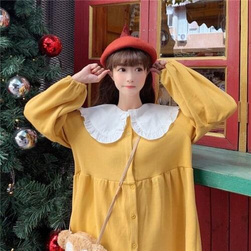 OLOMLB Japanese Style Long Sleeve Dress Harajuku Ruffled Lantern Sleeve Soft Sweet Top Clothing Female 2021 Summer Solid Dress