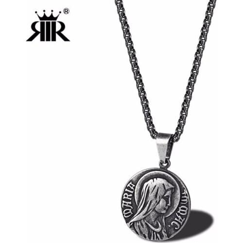 RIR Classic Stainless Steel Vintage Color Virgin Mary Catholic Pendant Necklace Religious Prayer Round Jewellery Necklaces
