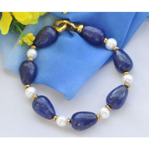 P7710 8" 18mm Blue Drop lapis lazuli White Pearl Bracelet