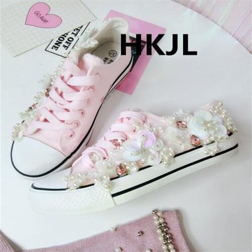 Canvas shoes womens shoes pink new tide brand three-dimensional flower rhinestone sequins flat round head low-top sneakers