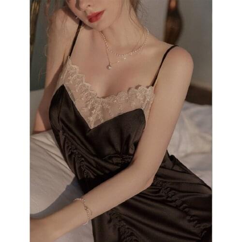 2021 Spring and Summer Sexy Temptation Lace Satin Pajamas Women Breathable Home Comfortable Solid Color Suspender Nightdress