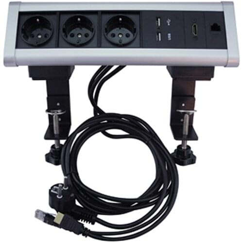 Customized Movable Triangle Desktop Power Outlet Table Clamp Socket 3 EU Power sockets +2 USB Charger ports+ HDMI+ RJ45 Network
