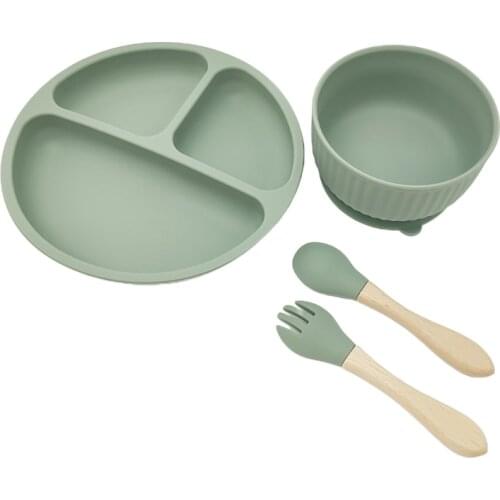 23GD 4 Pcs Baby Silicone Divided Dinner Plate Sucker Bowl Spoon Fork Set Training Feeding Food Utensil Dishes Tableware Kit for