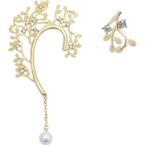 Unique Gold Metal Cuff Earrings with Pearl Leaf Shape Long Tassel No pierced Earring orecchini Party Jewelry New Year Gift