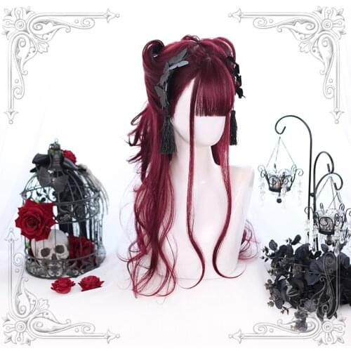 Wine Red Lolita Wig Harajuku Fairy 60cm Long Curly Girls Synthetic Hair Cute Bangs Kawaii Girls Princess Daily Wear