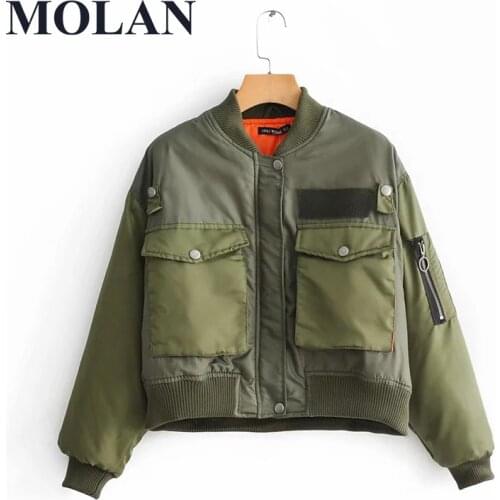 Women Fashion Short Green Jacket Za Winter Long Sleeve Zipper Bomber Jacket Big Pocket Female Stylish Outwear Coat