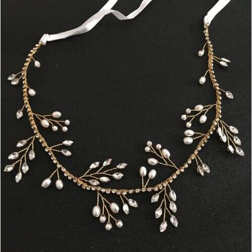 SLBRIDAL Handmade Gold Crystal Rhinestones Pearls Floral Wedding Headband Accessories Bridal Hair Vine Women Jewelry