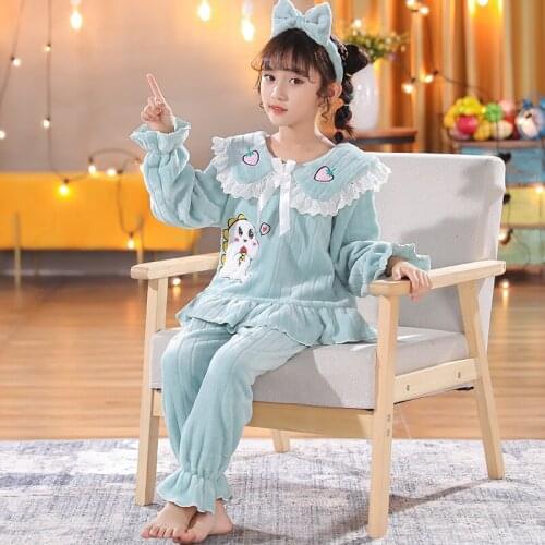 3-14Y Warm Sleep Loungewear Autumn Winter Children Girl Pink Flannel Pajama Sets Lace Tops+Pants Toddler Kid Pyjamas set