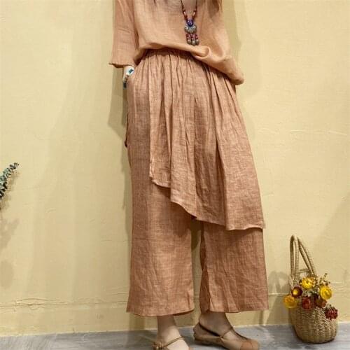Johnature Women Double-deck Culottes Ramie Vintage Elastic Waist Wide Leg Pants 2021 Summer New Solid Color Loose Trousers