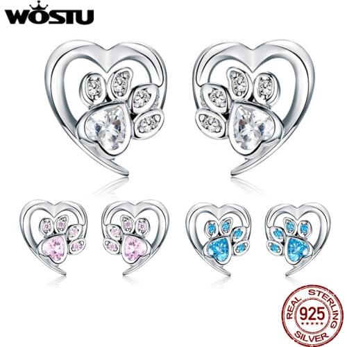 WOSTU 925 Sterling Silver Paw Dog Footprint Heart Stud Earrings For Women Stylish Zircon Lovely Small Earrings Jewelry CQE654-WH