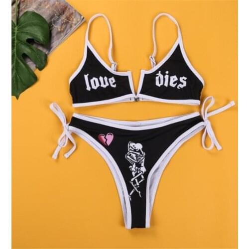 Women Swimsuit Letters Print Summer Halter Tops Thong 2-Piece Bathing Suit Swimwear Women High Waist Beachwear Sexy Bikini Set