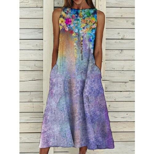 European Style Summer Women Casual Print O-neck Floral Dress Vintage Sexy Sleeveless A-line Party Dress Size 3xl Vestidos