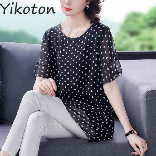 2021 New Summer Blouse Shirt Short Sleeve Polka Dot Loose Chiffon Dress Shirts O-Neck Casual Tops Plus Size 4XL Blusas Chemise