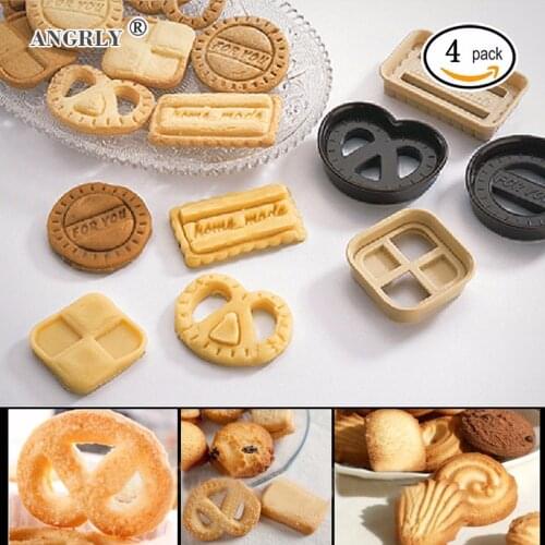 ANGRLY 4Pcs/Set Circle / Square / Rectangle / Heart-shaped Design Sugar Cookie Molds Craft Plunger Cookie Cutter Molds Tools