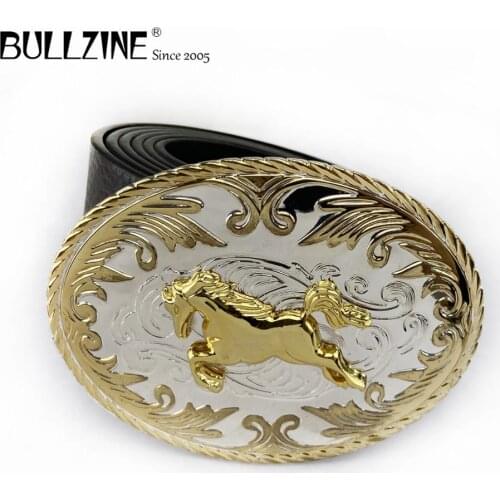 Bullzine zinc alloy western horse belt buckle with silver and gold finish with PU belt with connecting clasp FP-03533
