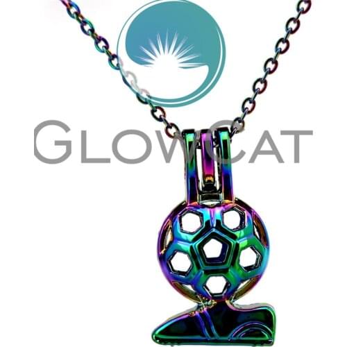 CC637 Rainbow Colors Playing Soccer Football Soccer Beads Cage Pendant Essential Oil Diffuser Aroma Pearl Cage Locket Necklace
