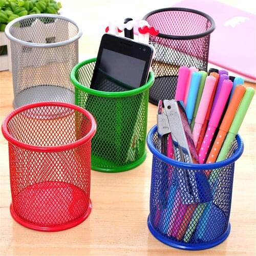 1pc Pen Pencil Holder Black Metal Stand Mesh Style Desk Stationery Round Cosmetic Holders Organizer Container Office Supplies
