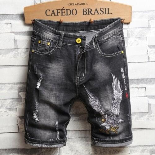2021summer Mens Jeans Shorts personality New Fashion Casual Eagle embroidery hole black cowboy shorts Male Brand Clothes