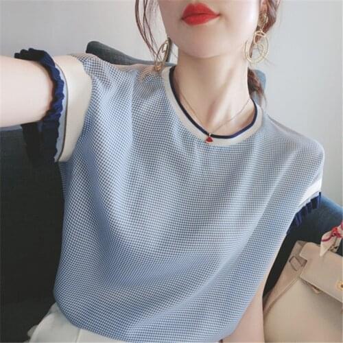 20686 non real shot net red picture round neck Short Sleeve Plaid T-shirt