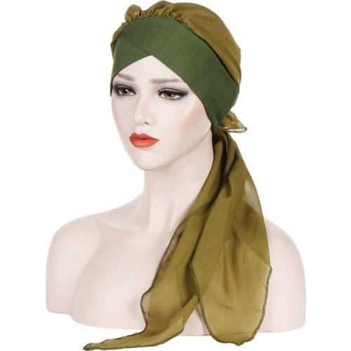 Hijabs Women New European And American Forehead Cross Turban Hat Solid Color Fashion Chiffon Long Tail Scarf Hat Head Wrap Cap