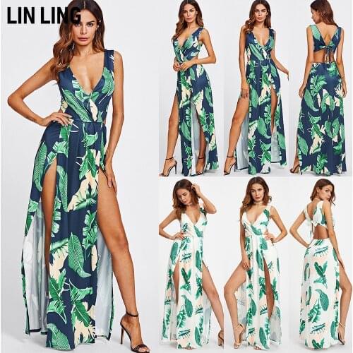 LINLING Womens Sexy Deep V Neck Backless Floral Print Split Maxi Party Dress Nightclub Skirt Dresses Women