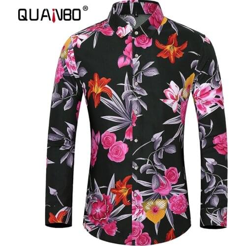 QUANBO Men Floral Dress Shirts Long Sleeve Casual Button Down Flower Printed Shirts 2021 Spring Autumn New Men Slim Fit Shirt