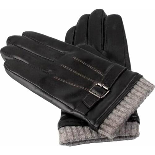 Mens Genuine Leather Gloves Real Sheepskin Black Men Gloves Button Fashion Brand Winter Warm Mittens W104