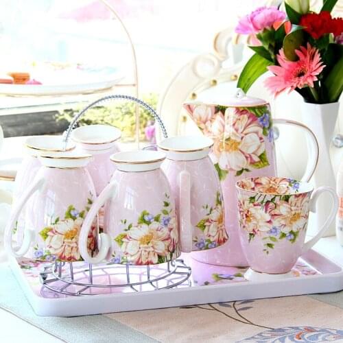 WATER CUP SET HOUSEHOLD CERAMIC LIVING ROOM MUG WITH TRAY PORCELAIN SET EUROPEAN LUXURY FLOWER TEA CUP BONE CHINA COLD WATER POT