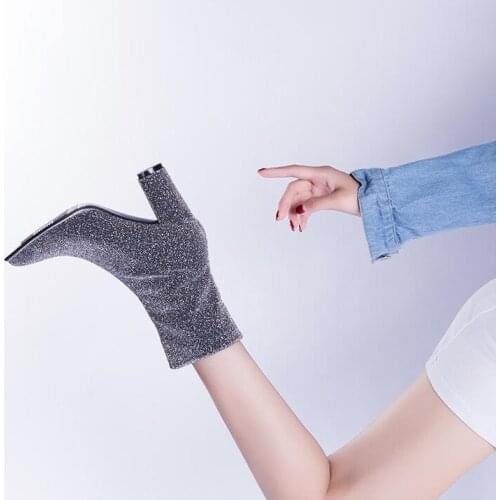 Newest Silver Boots Square Heel Glitter Stretch Fabric Rubber Boots Women Side Zipper 2018 Ladies Thigh High Boots Plus Size 11
