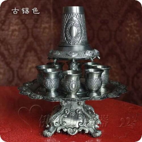 Rare 12PCS/set antique tin embossed carved zinc alloy metal wine decanter set drinkware tableware drinks set wine cup 329C