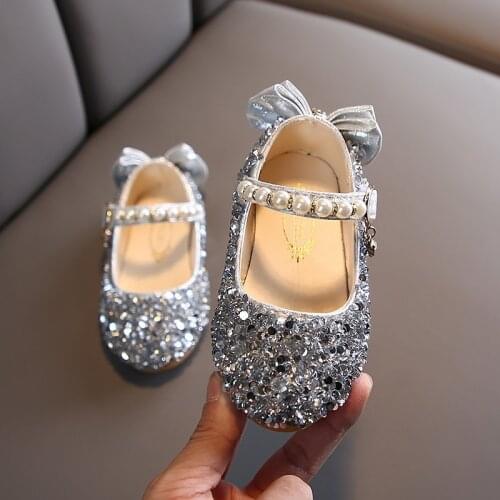 Spring Girls Shoes Glitter Wedding Performance Kids Flats Baby Princess Shoes Gold Silver Toddler Flats Anti-skid Dance Shoes