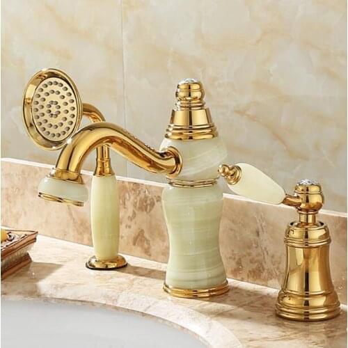 Vidric Hot and cold Gold finish Pull out bathroom basin faucet Brass and Jade bathroom sink tap with pull out shower head style