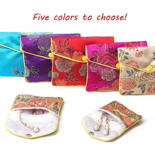 Vintage Chinese Brocade Jewelry Packaging Bag Handmade Silk Embroidery Padded Jewelry Gift Pouch Case Satin Coin Purse