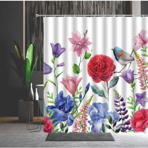 Waterproof Shower Curtains Set Flower Butterfly Bird Plant Scenery Pattern Bathtub Decorative Hanging Curtain Multiple Size