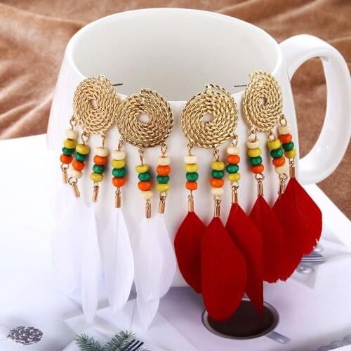 Lost Lady Color Bead Tassel Dangle Earrings For Women Metal Feather Earrings Jewelry Wholesale Accessories Party Wedding Gifts