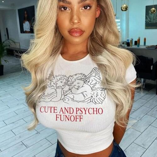 Women Fashion Angel Cartoon Letter Printed Short Sleeve Elastic Crop Top Slim Short T-Shirts Pullover