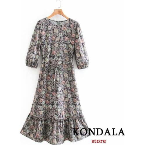 KONDALA Za Women 2021 Digital printed lace-up midi dress Long Sleeve O-Neck Vintage Vestido Mujer Chic Elegant Dress