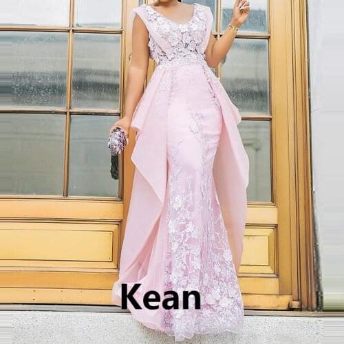 Pink Plus Size Evening Dress Applique v-neck Ruffle Special Occasion robe soiree Islamic Dubai Kaftan Saudi Arabic Prom Gown