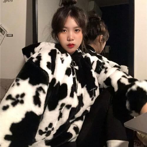 Hoodies Women Winter Furry Cows Pattern Hooded Coat Womens Loose Top Cotton-Padded Coat Hoodies Sweatshirts Tops kawaii clothes