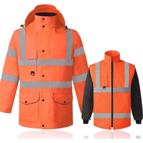 High Visibility Safety Warm Jacket Orange Winter Reflective Waterproof Jacket Work Wear Plus Size