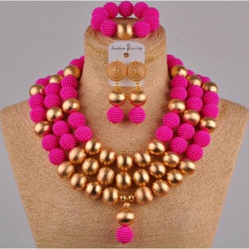 Fuchsia pink african beads jewelry set simulated pearl nigerian wedding necklace jewelry sets FZZ37