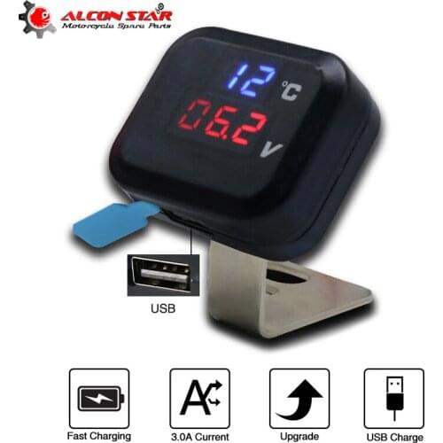Alconstar- Universal 2 In 1 Motorcycle USB Voltmeter Temperature Gauge Display Gear Indicator KOSO Meter for Honda for Suzuki