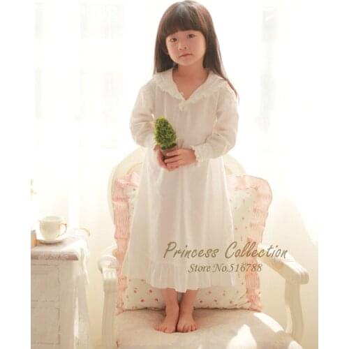 Free Shipping 100% Cotton Princess Pijamas Long White Nightdress Girls Nightgown 100% Cotton Sleepwear
