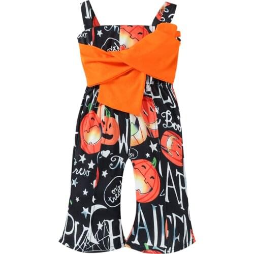 Infant Baby Girls Halloween Pumpkin Printed Bodysuit, Wide Shoulder Strap Long Pants with Bowknot, Kids Clothing