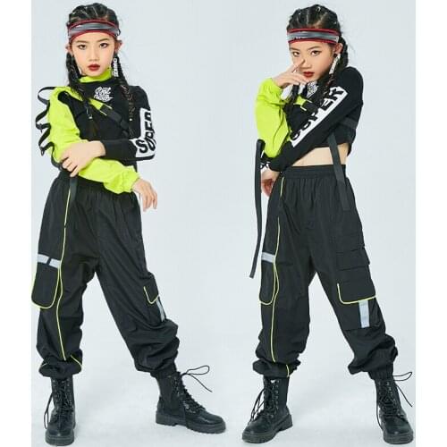 Kids Hip Hop Costume Green Sleeves Tops Black Pants Girls Jazz Street Dance Outfit Modern Ballroom Practice Wear Child DNV14314