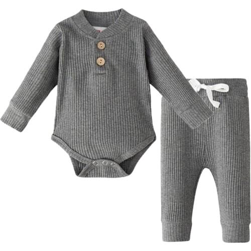 Infant Rompers Newborn Baby Girl Boys Spring Autumn Ribbed Solid Clothes Sets Long Sleeve Bodysuits + Elastic Pants 2PCs Outfits