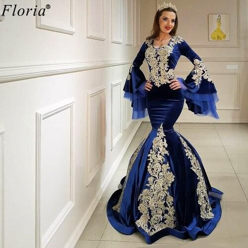 Royal Blue Velvet Evening Dresses With Appliques Long Dubai Sexy Evening Gowns Women Prom Dresses Party Gowns Robe De Soiree