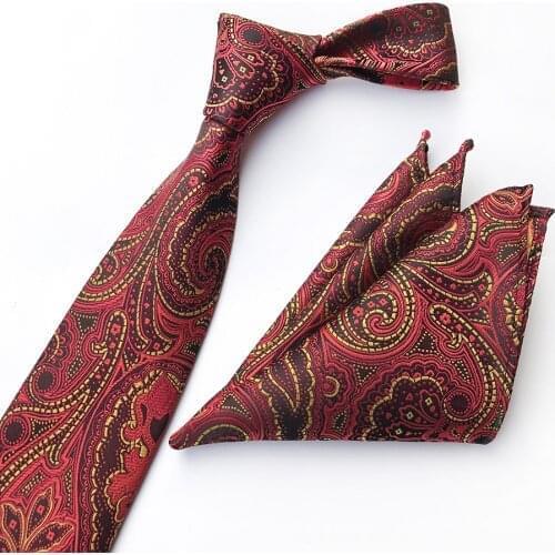 Red Color Men Wedding Party Necktie Pocket Square Set Paisley Woven Ties with Handkerchief