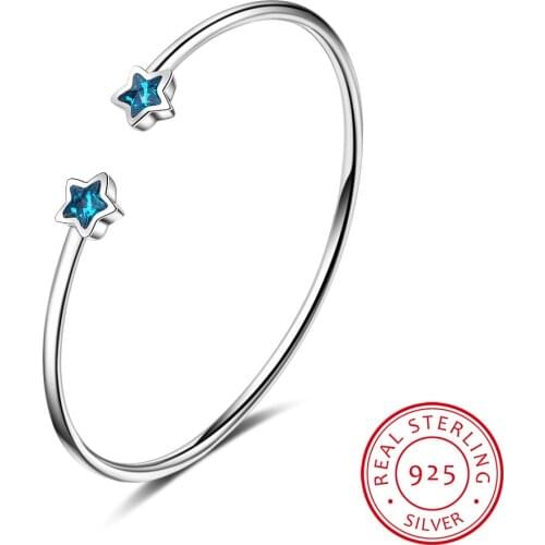 Korean Style Creative Beautiful Fashion 925 Sterling Silver Jewelry Bangles Azure Five Pointed Blue Star Crystal Bracelets SB123