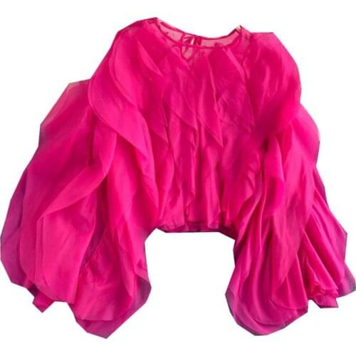 20201 New Spring and Autumn Womens Clothing Niche Solid Color Round Neck Design Top Multi-layer Ruffled Chiffon Shirt Fashion